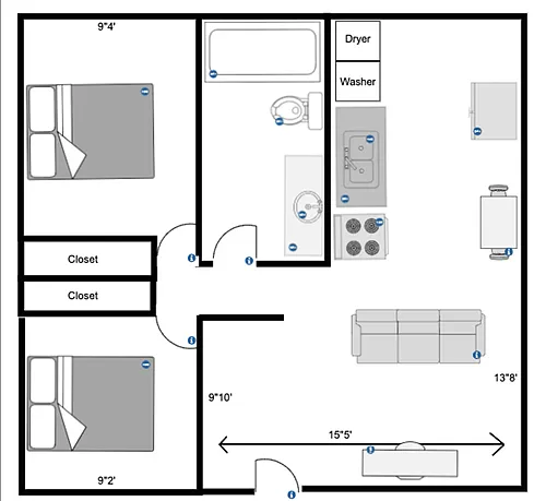 Floor plan 2 Bedroom 1 Bathroom