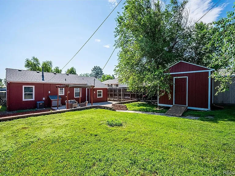 Backyard with pergola and shed