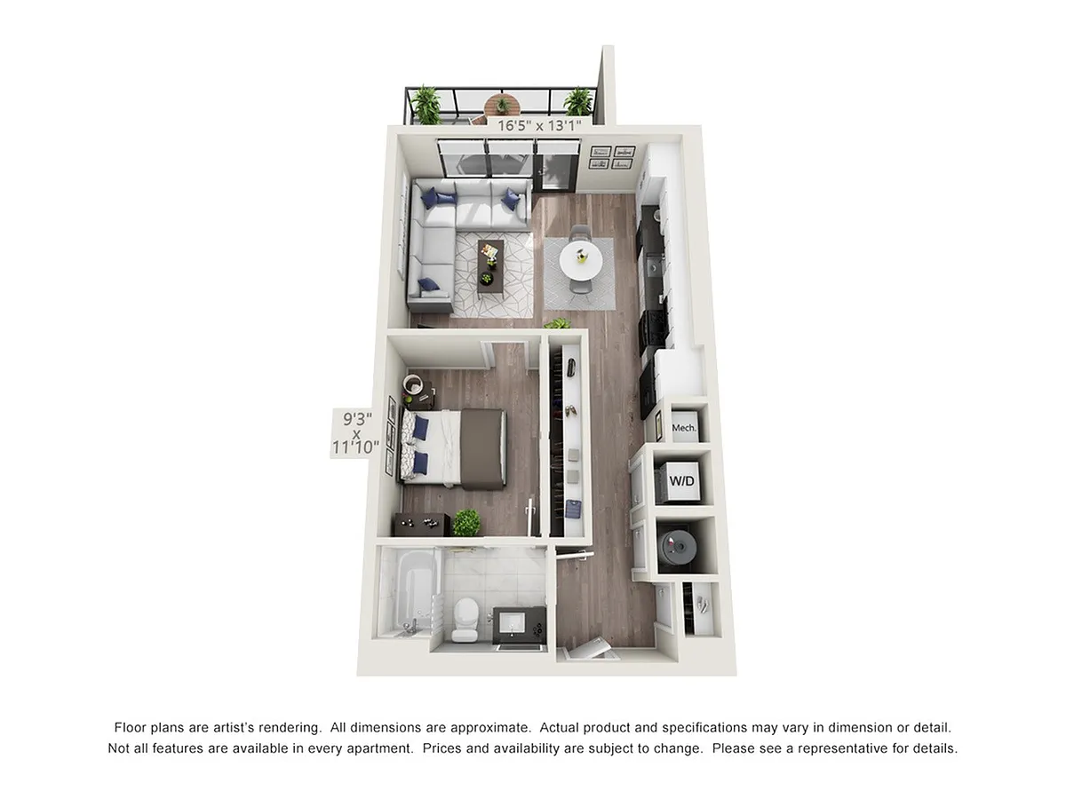 Floor plan One Bedroom One Bath (630 SF)