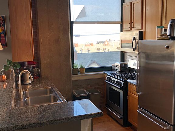 Kitchen: stainless steel stove and fridge