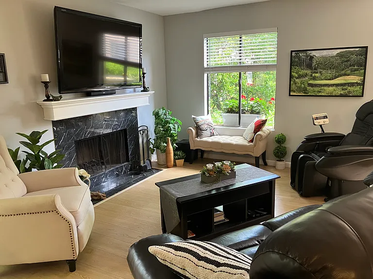 Living Room with fireplace, massage chair and garden view