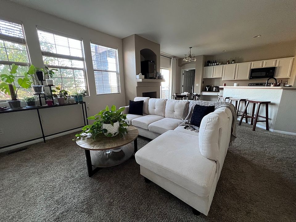 Open concept living room and kitchen with large south facing windows.