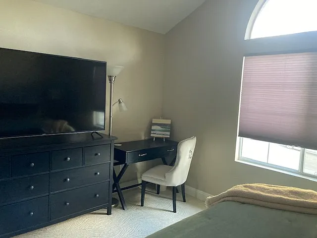 Desk & chair, Triple dresser and extra large smart TV