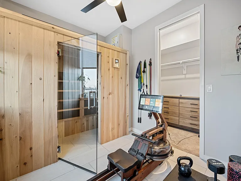 Our wellness room is equipped with a custom 2 person sauna, Ergatta water row machine, resistance bands, weights, foam rollers, a yoga mat, and jump rope to help you keep your fitness commitments while traveling. This is the ultimate relaxation room.