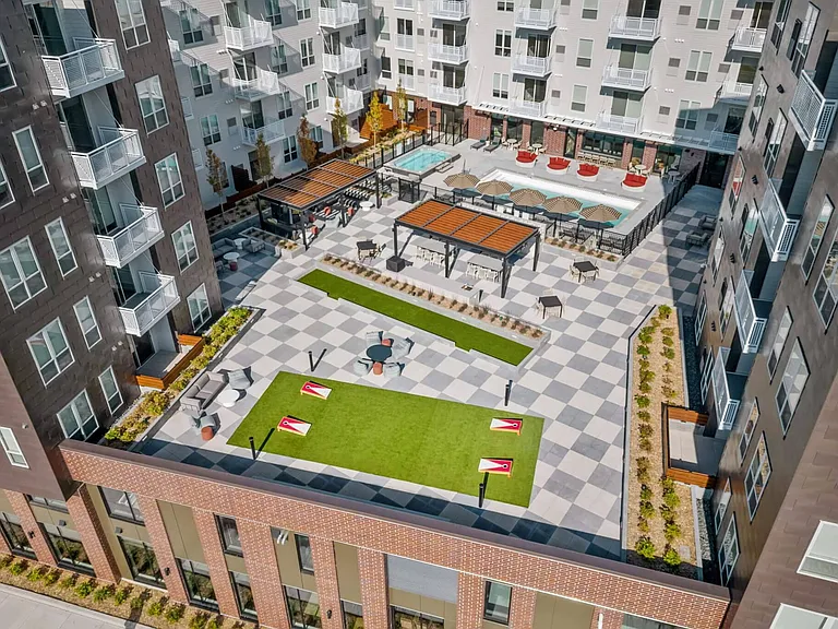 Aerial view of the rooftop amenity deck at The Hallon Luxury Apartments in Hopkins MN