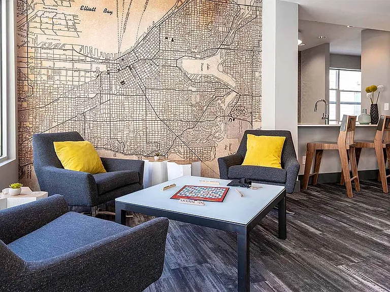 Apartment community Resident Lounge at Griffis Belltown in Seattle, Washington.