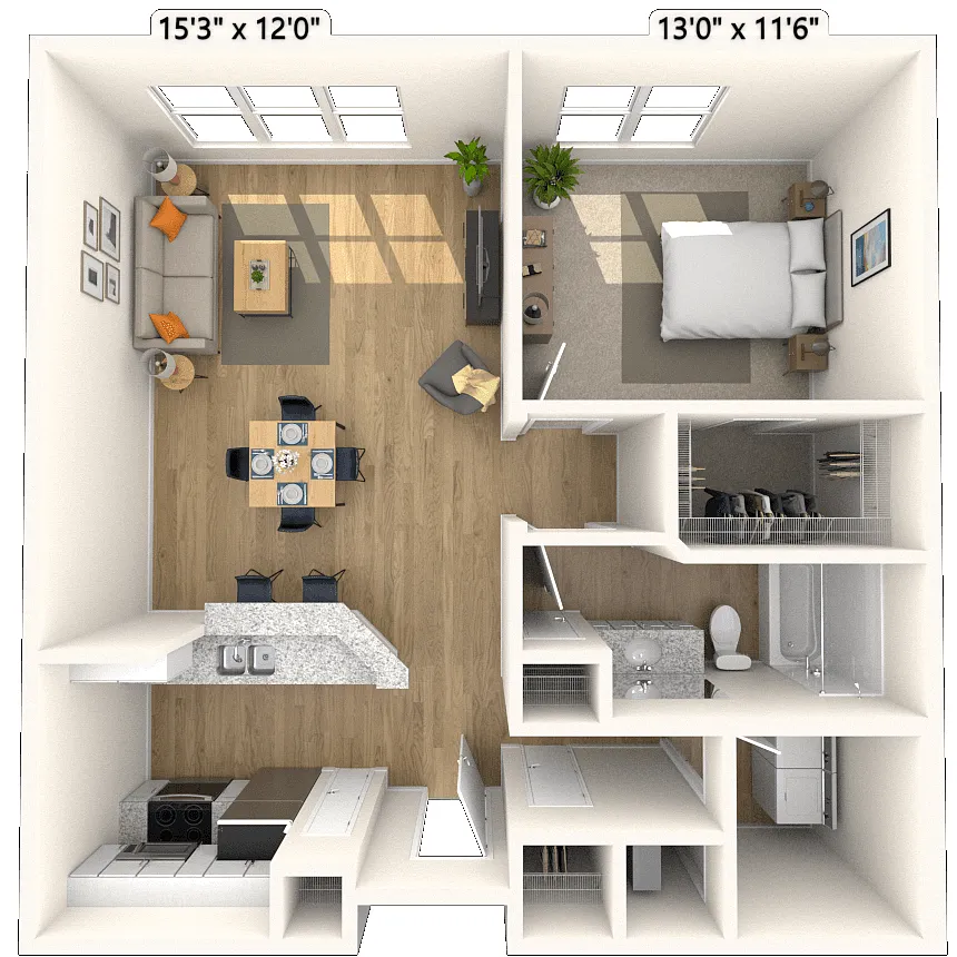 Floor plan Traditional 1x1 788-875 SF