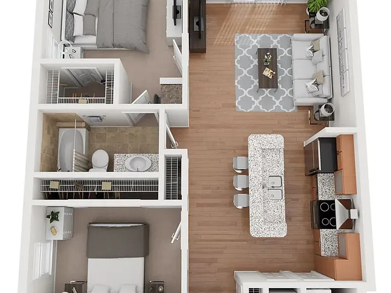 A 3D floor plan rendering of The Jasmine.