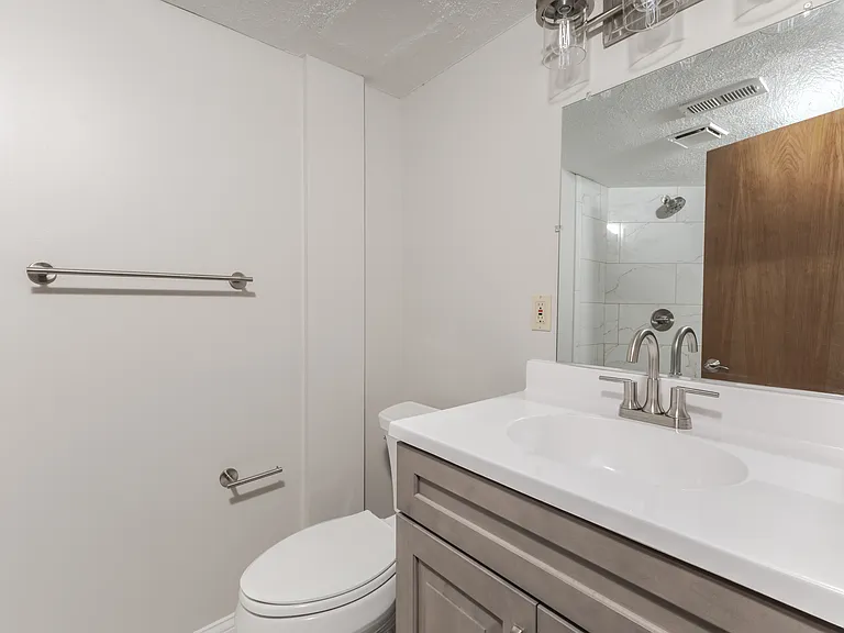 Fully remodeled lower level bathroom with walk-in shower.
