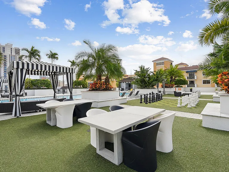Rooftop lounge spaces with gaming and cabanas