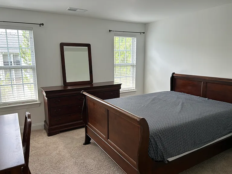 queen bedroom set with bed, new memory foam mattress and box spring, two nightstands, dresser, mirror, desk, and chair
