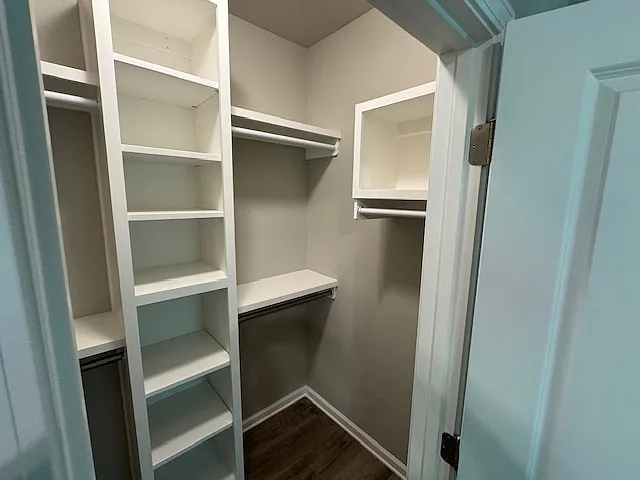 Primary Walk-in closet with Custom Wood Shelving