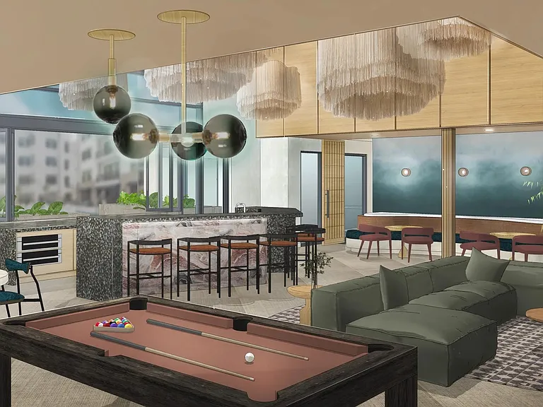 A lively clubroom lounge with billiards, bar seating, and layered design details made for gathering.
