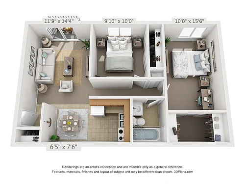 Floor plan 2 Bedroom, 1 Bath (Balcony)