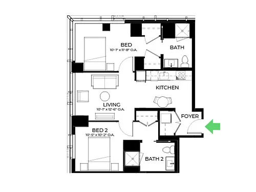 Floor plan B14 | 2 Bed | 1 Bath