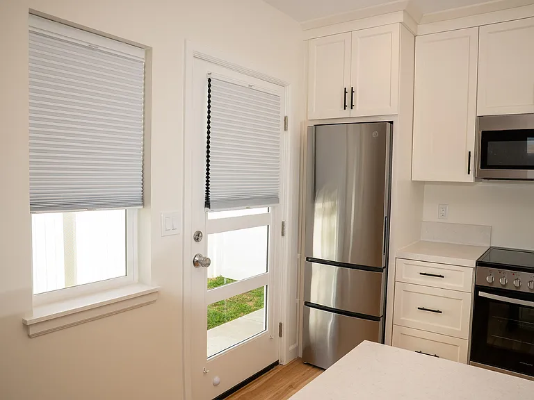 Refrigerator, Stove Microwave, Cabinets and Blinds, bottom up position