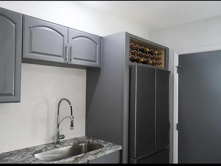 Three-dimensional white ceramic backsplash, restaurant-kitchen style faucet, large, deep stainless steel sink, winerack above refrigerator. Door leads to the patio off the kitchen and backyard.
