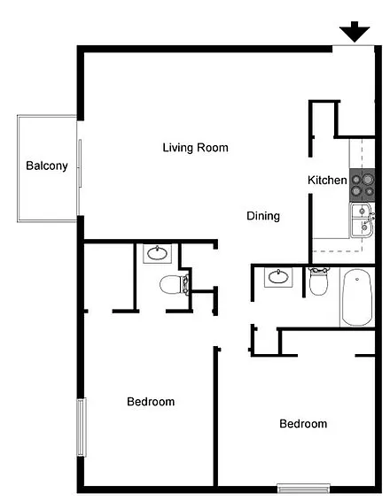 Floor plan 2 Bedroom One and Half Bath