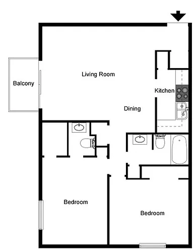 Floor plan 2 Bedroom One and Half Bath