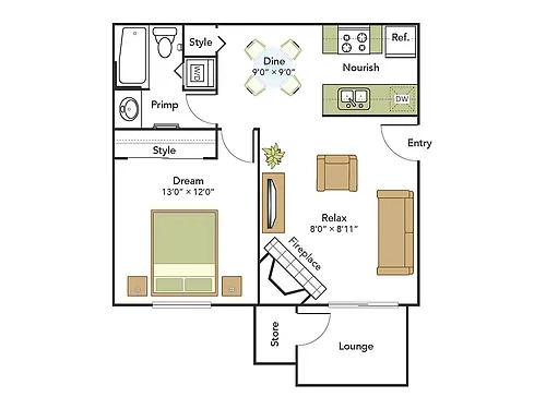 Floor plan 1 Bed, 1 Bath A Upgraded