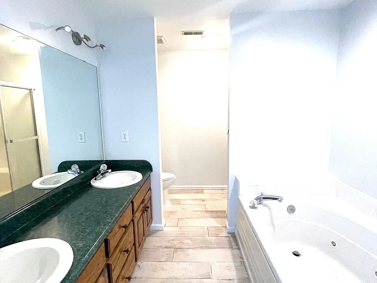 Master bath with double sinks, jetted tub with separate shower
