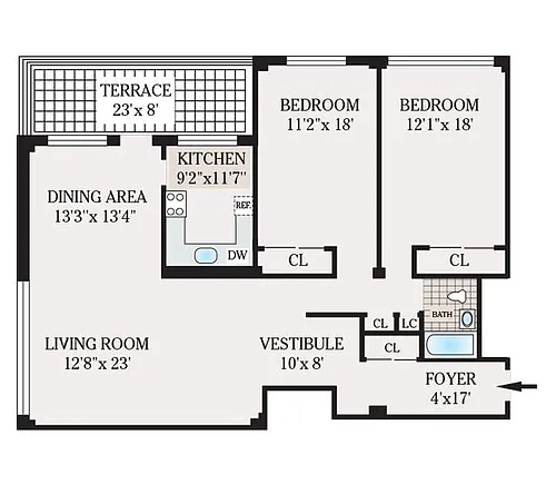 Floor plan Two Bedroom 1 Bath Standard