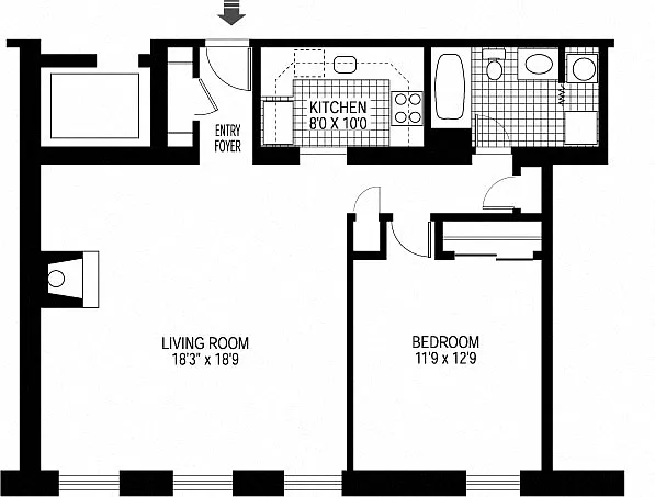 Floor plan 1 Bed 1 Bath - fireplace