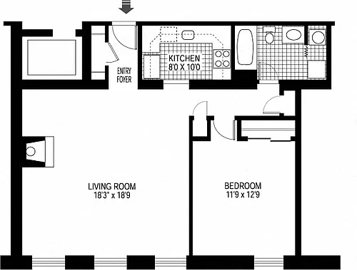 Floor plan 1 Bed 1 Bath - fireplace