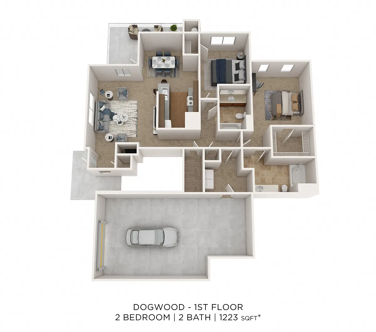 Floor plan Two Bedroom 2 Bath w/ Garage - 1,223 sqft