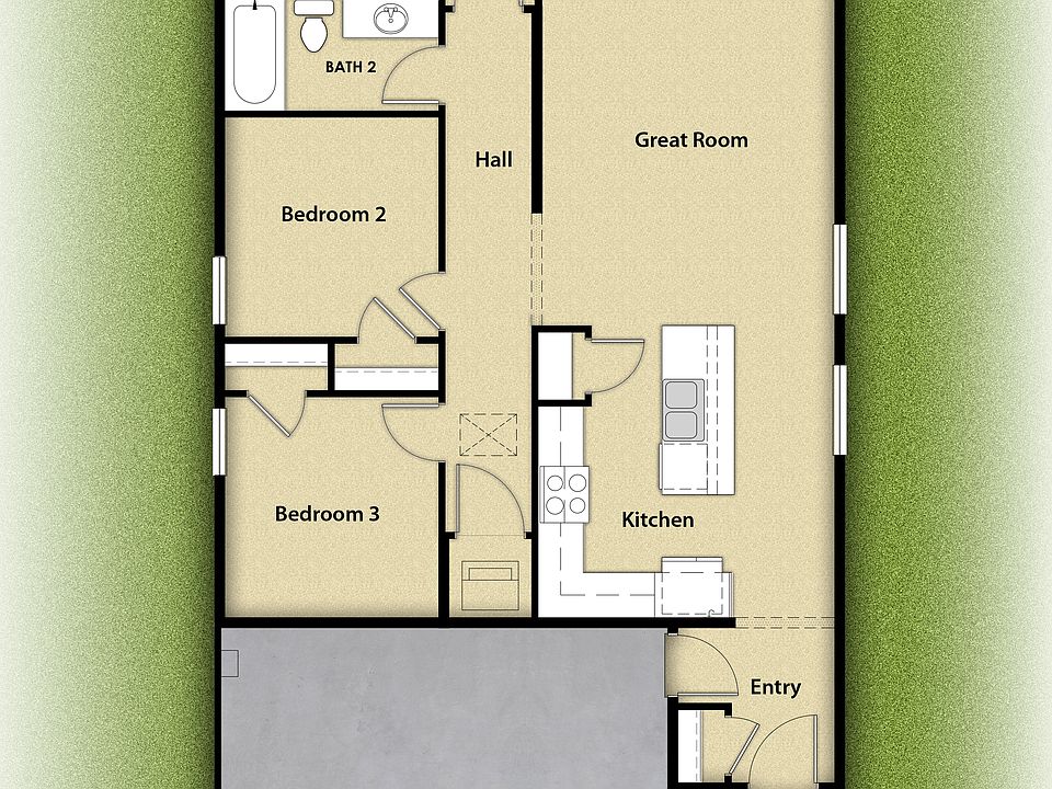 The Auburn plan has 3 bedrooms, 2 bathrooms and an open layout