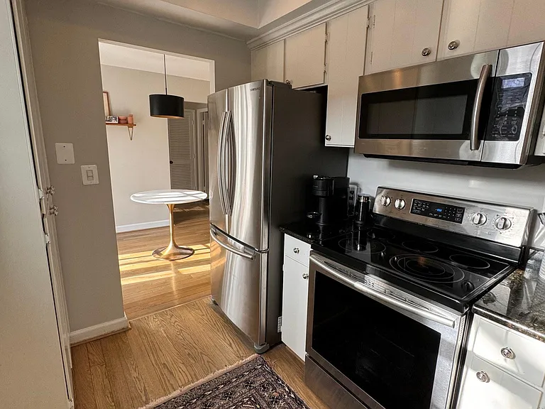 Kitchen looking into light-filled dining area