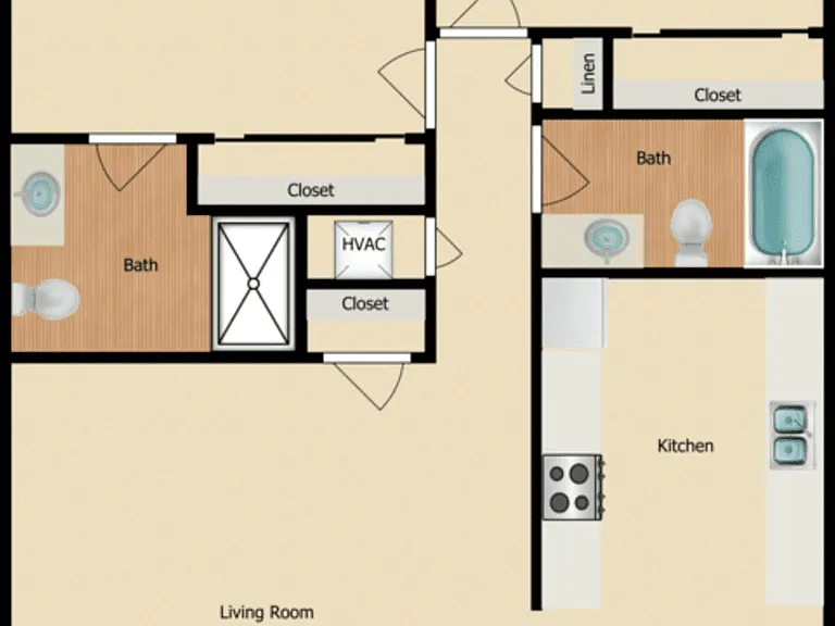 2 Bed 2 Bath Floorplan Diagram