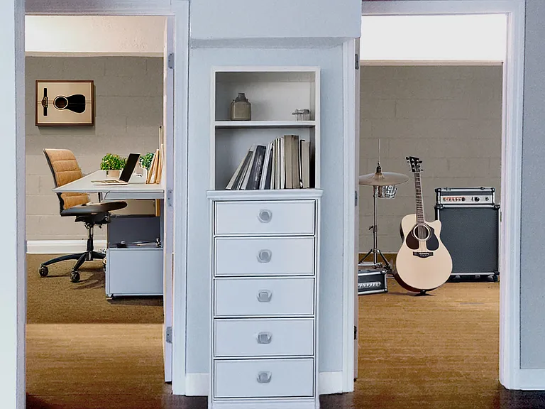 Two bonus rooms in basement make quiet space for remote work or hobby areas. Photo shows both rooms facing basement rec room. Furniture not included.