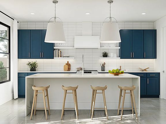 Kitchen with floating shelves and pendant lighting