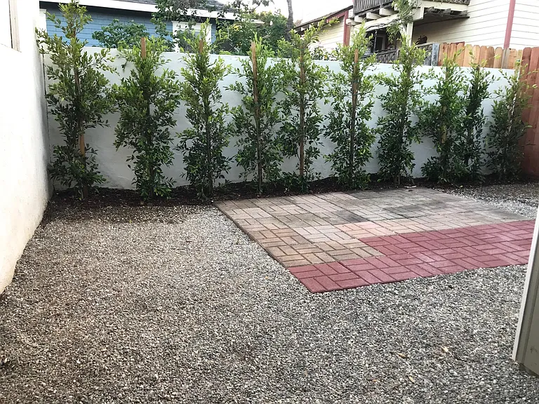A view of the back yard with a new hedge and gravel. The pavers provide an area for relaxing or dining al fresco.