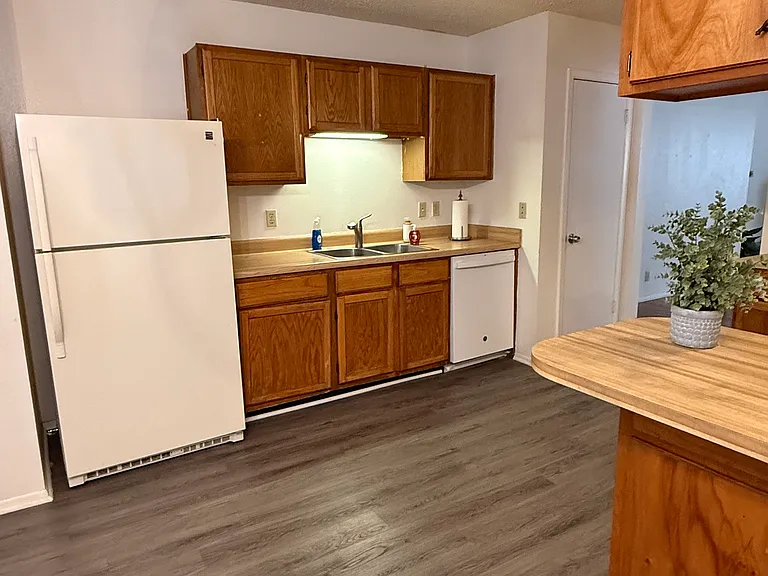 Kitchen with Fridge and Sink view