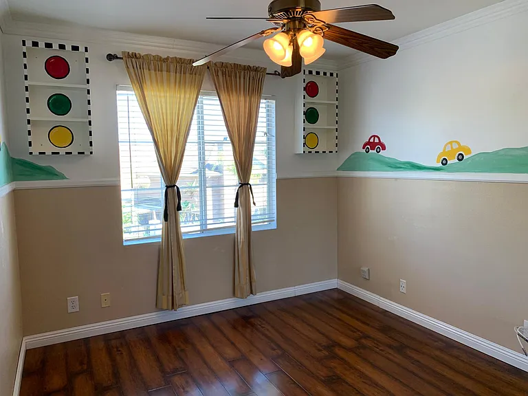 Decorated bedroom for active boy with laminate floor for easy to clean.