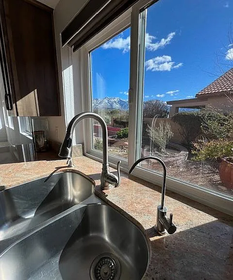 Kitchen with views of 9303 foot peak Mt. Lemmon and Reverse Osmosis tap (also supplies ice maker)