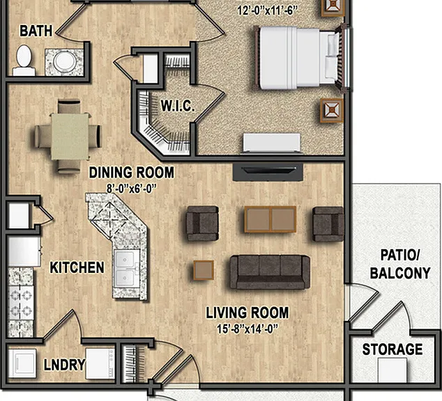 The Avery is a one-bedroom home featuring an open-concept living space, in-unit laundry, a private patio or balcony, additional storage, and a walk-in closet. The Avery is a one-bedroom home featuring an open-concept living space, in-unit laundry, a priva