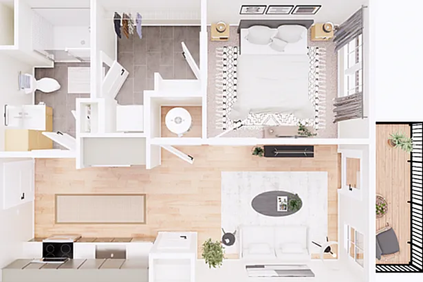 1J Overhead Floorplan - 607 sqft 1J Overhead Floorplan - 607 sqft