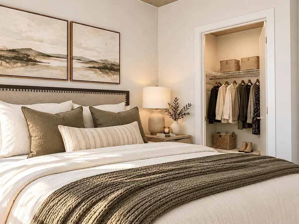 Light-filled bedroom with modern finishes at Sora Apartments in Downtown Phoenix
