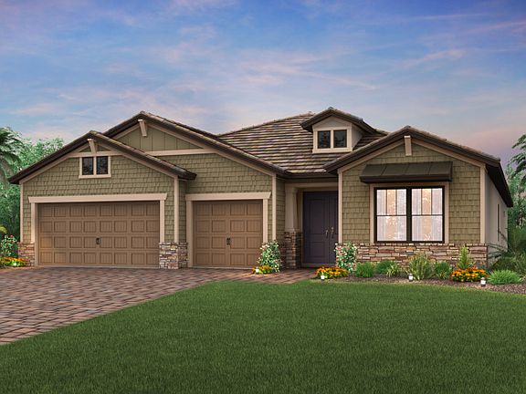The Stonewater, a one-story family home with a 3 car garage, shown with Home Exterior C3A