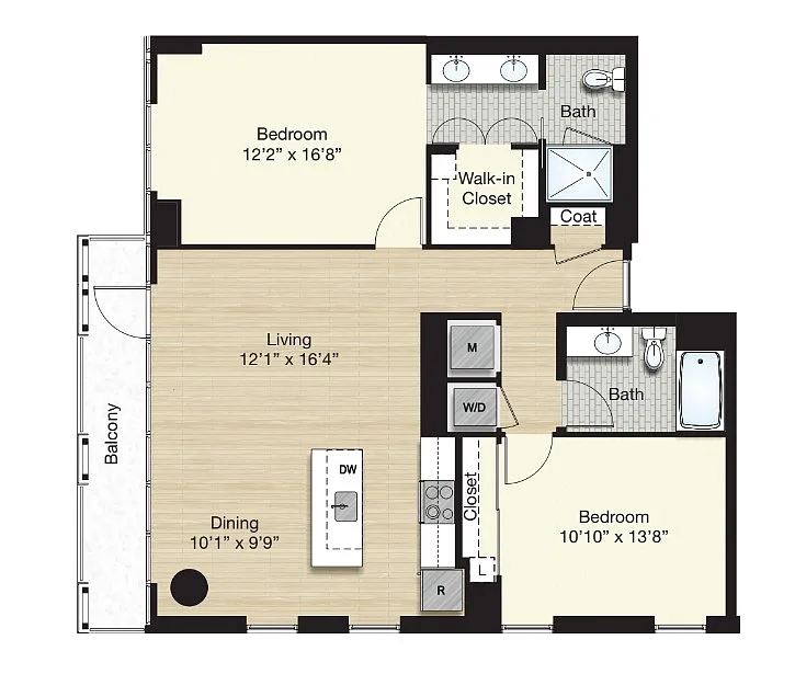 Floor plan Tier 1.0 - 2 Bed/2 Bath w/ Balcony