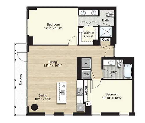 Floor plan Tier 1.0 - 2 Bed/2 Bath w/ Balcony