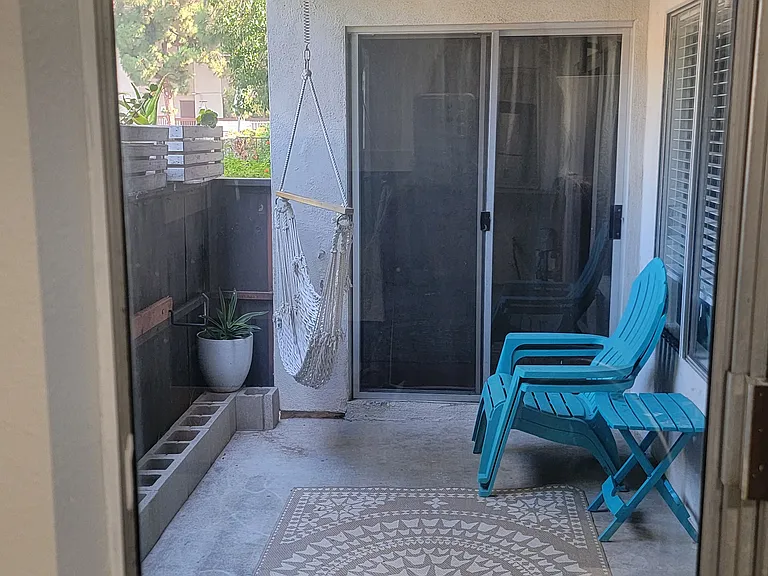 Kitchen window overlooks the private patio