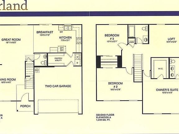 Floor plan of the house. Our house has the mirrored layout (garage left, etc.). Also, in our house, the loft on the 2nd floor has been upgraded to bedroom #4.