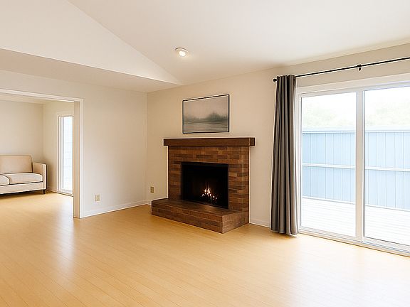 Living area with wood burning stove adjoining another room.
