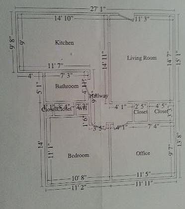 Floorplan. Shared walls are the office (inner bedroom) and living room.