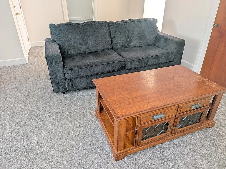 Available: 1 year old couch and coffee table top that lifts up to make a table.