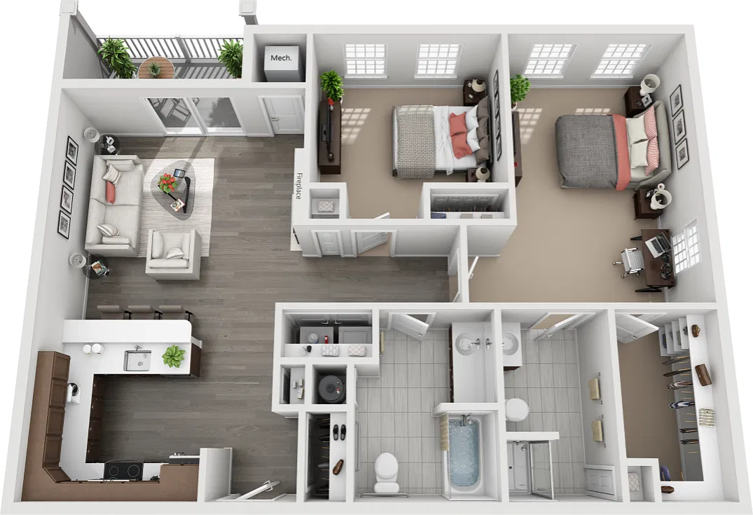 Floor plan 2 bedroom 2 bathroom (fireplace)